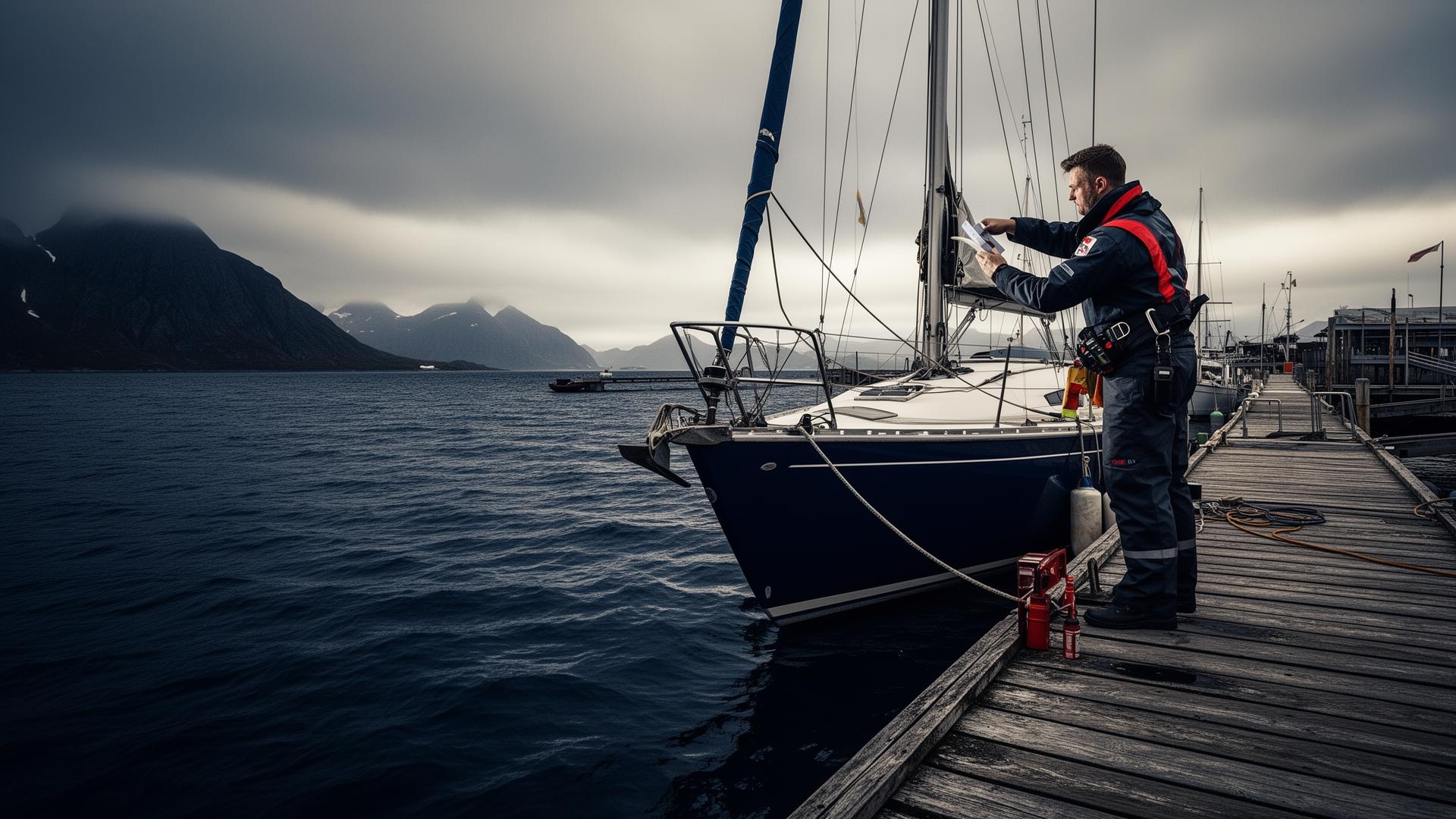 Båtbesiktningsman inspekterar segelbåt vid brygga